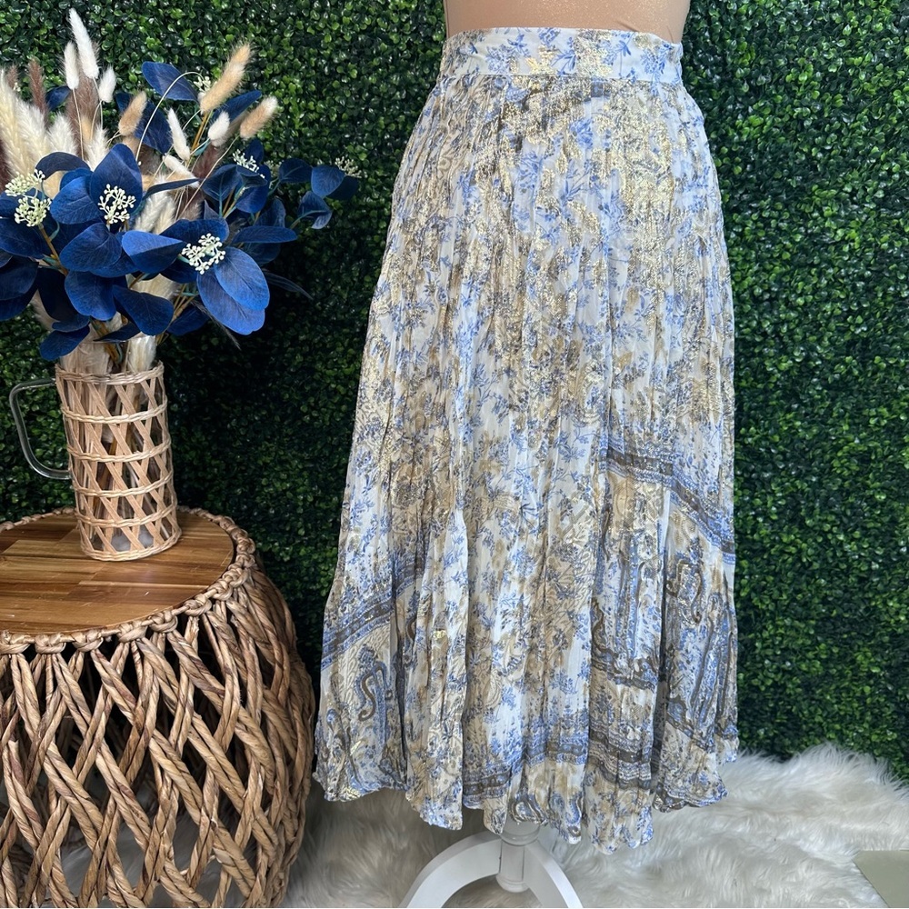 Soft‎ Surroundings silk blend blue paisley metalic gold Pleated Midi Skirt NWOT - Picture 7 of 13